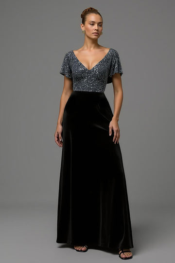Robe longue formelle en velours noir et gris scintillant à paillettes